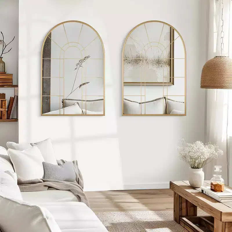 Golden Grid Wall Mirror with Right Angle Double Arch, Iron Art Design