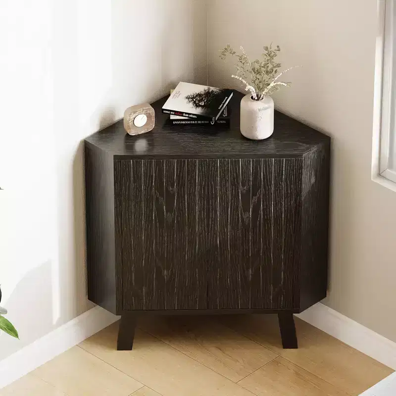 3-Tier Farmhouse Corner Storage Cabinet with Adjustable Shelf, Wooden Corner Table with Doors & Triangle End Table for Living Room & Kitchen