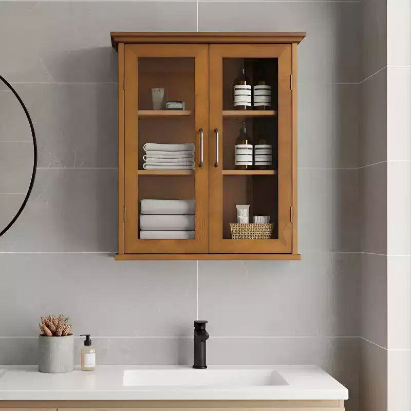 2-Door Wall Storage Cabinet with Adjustable Shelves & Antique Brass Handles – Oiled Oak Veneer