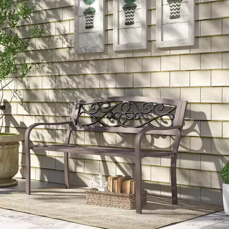 Outsunny Outdoor Bench with Floral Design Backrest, Metal Bench, Brown