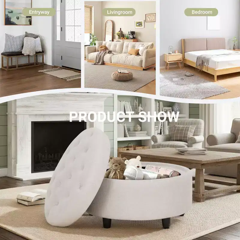 Round Fabric Storage Ottoman 25x25 with Reversible Tray Lid, Footrest & Hidden Storage