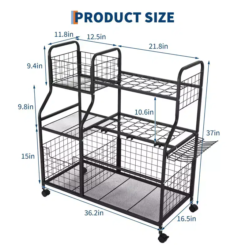 3-Tier Rolling Garden Tool Organizer with Wheels, 6 Shelves and Basket, Freestanding Garage Storage Rack