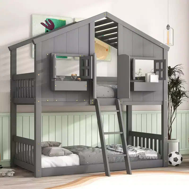 House Shaped Bunk Bed Twin over Twin with Roof and Windows for Kids, Wood Floor Bunk Bed Frame with Door, Ladder and Guardrail