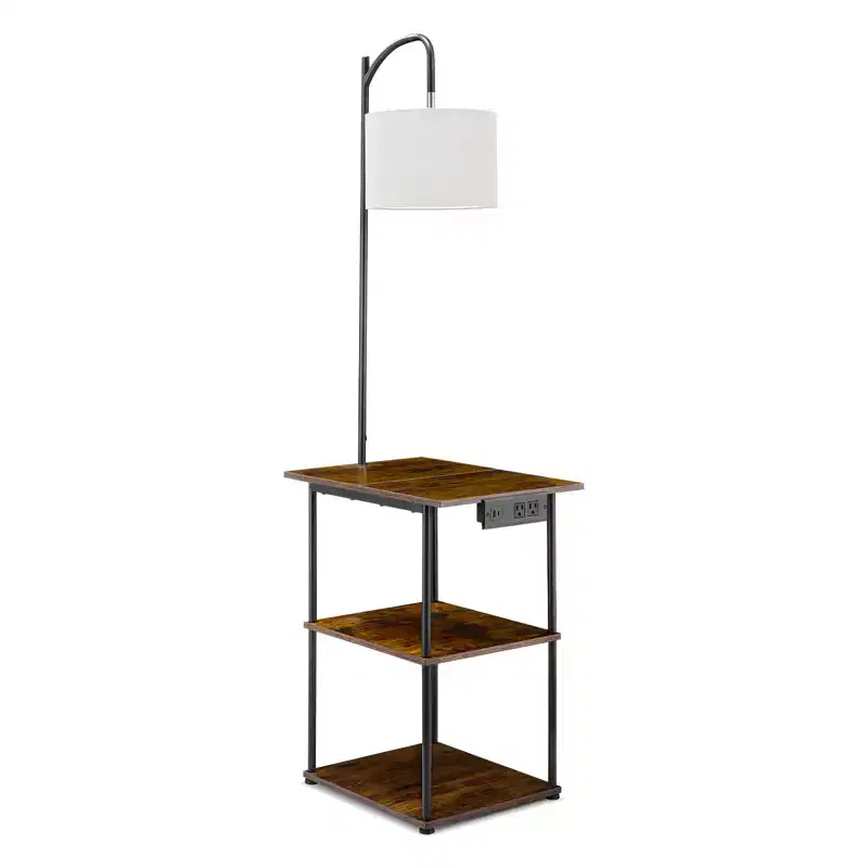 Floor Lamp with Table, Narrow 3-Tier End Table with Open Shelves & 3 Color Temperature Lighting, USB & Type C & AC Charging Port,Brown & Black