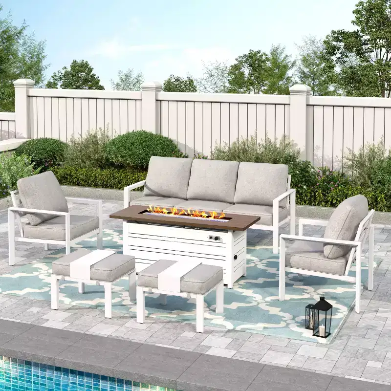 Captiva Designs 6pc Modern Aluminum Outdoor Patio Fire Pit Set with Armchairs and Ottomans