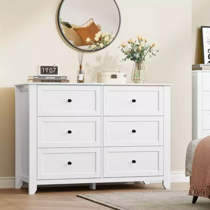 White 6-Drawer Dresser - Large Modern Wooden Chest with Deep Drawers & Metal Knobs for Bedroom or Entryway