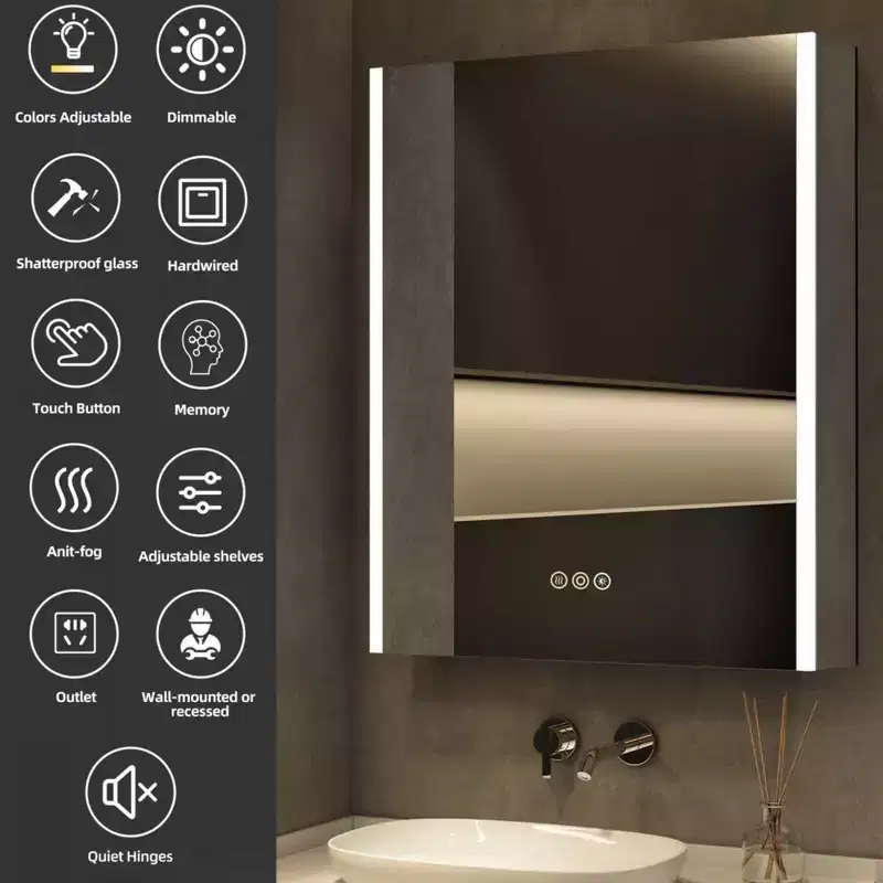 LED Medicine Cabinet with Mirror – Surface or Recessed Mount, Dimmable Light, Anti-Fog, USB Port & Outlet