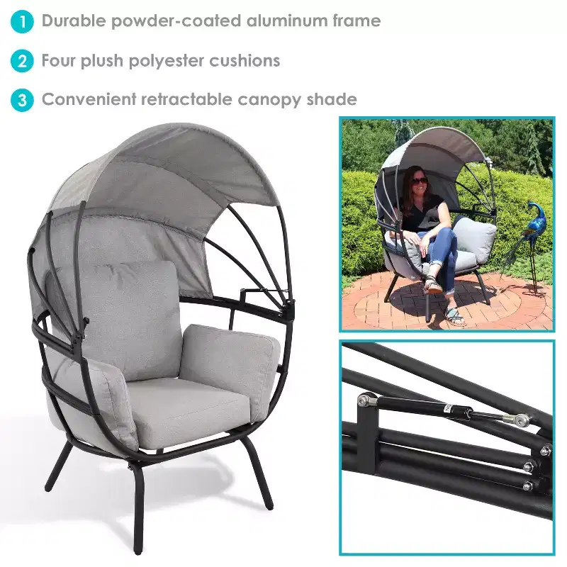 Sunnydaze Modern Luxury Patio Lounge Chair with Retractable Shade - Powder-Coated Aluminum Frame with Polyester Cushions and Canopy