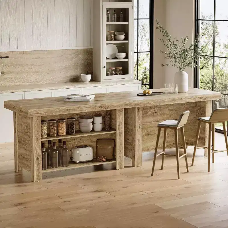 55 Inches Kitchen Island with Storage, 3-Tier Wooden Stationary Island Table, Modern Bar Table with Storage Shelf for Kitchen, Rustic Brown