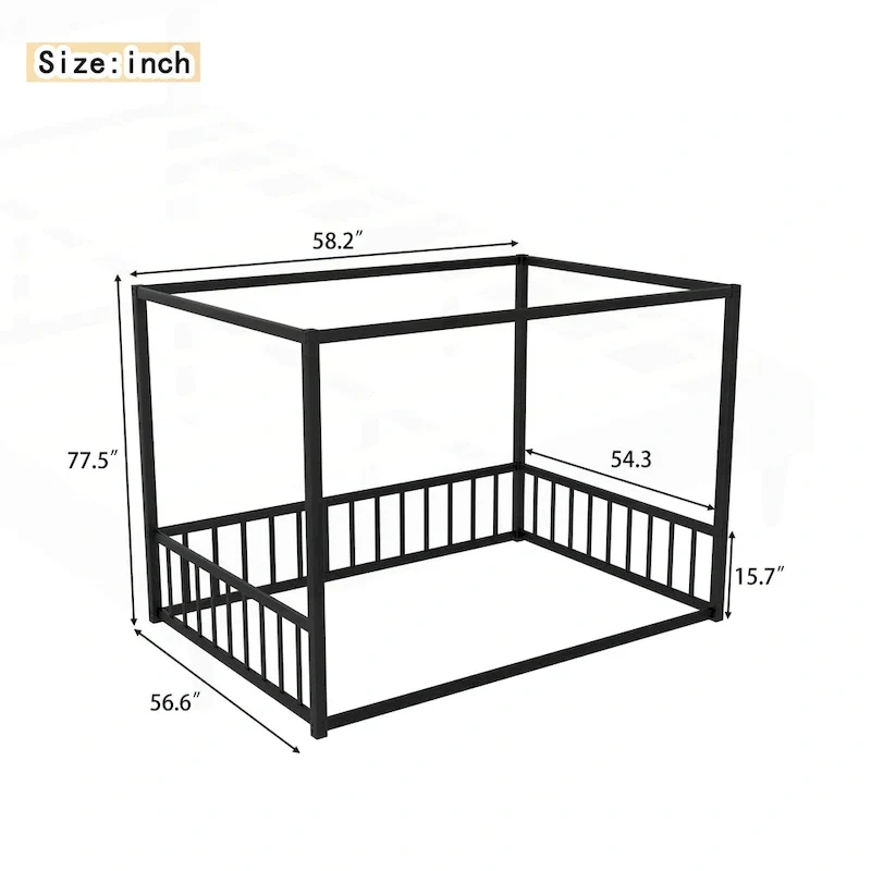 Iron House Bed Frame with Side Guardrails – Full / Queen / Twin