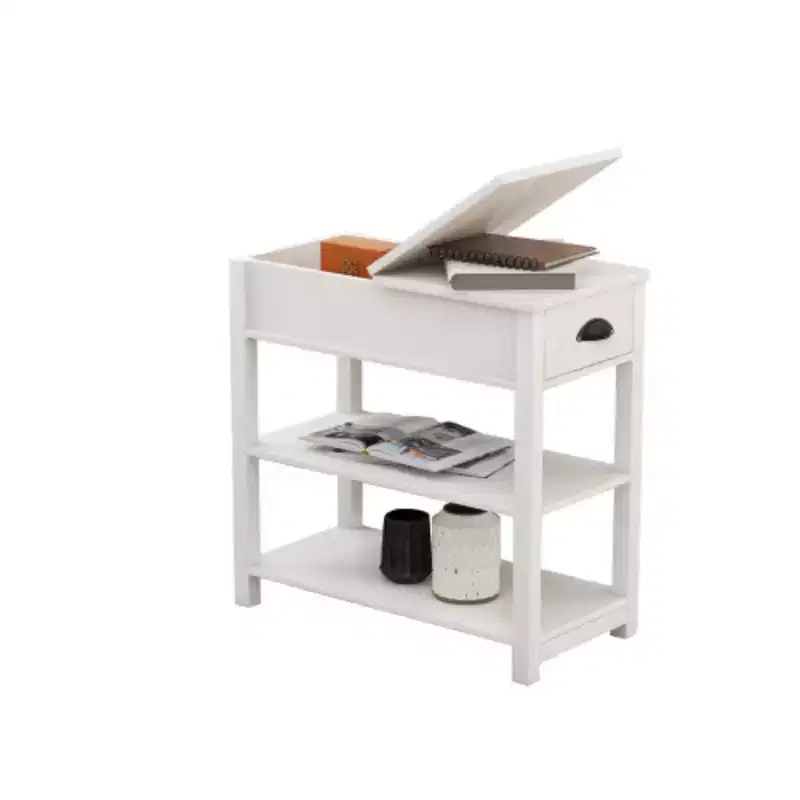 Compact Side Table with Drawers & Flip-Design Bottom Shelf for Storage Efficiency