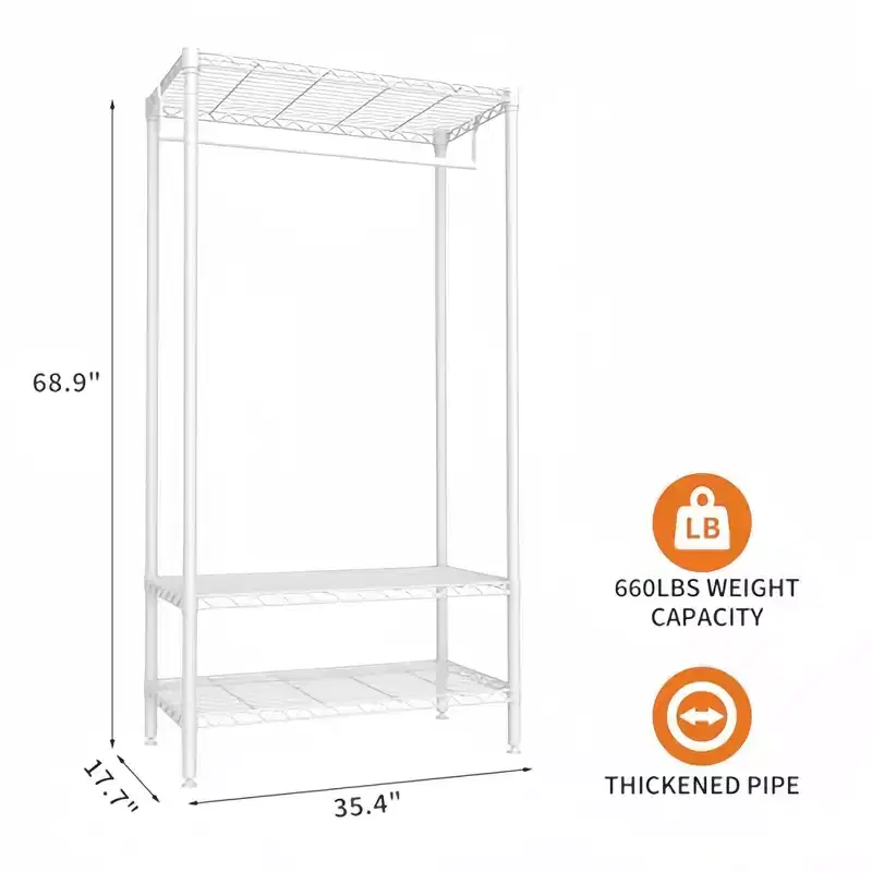 GustoWave Metal Heavy Duty Garment Rack with Shelves, Adjustable Closet Organizers with 1 Hanger Rod, 35.4 W x 17.7D x 68.9H, White