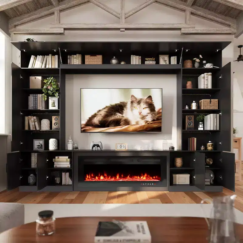 112 Inch Large Wall Unit Entertainment Center with Fireplace and LED Lights