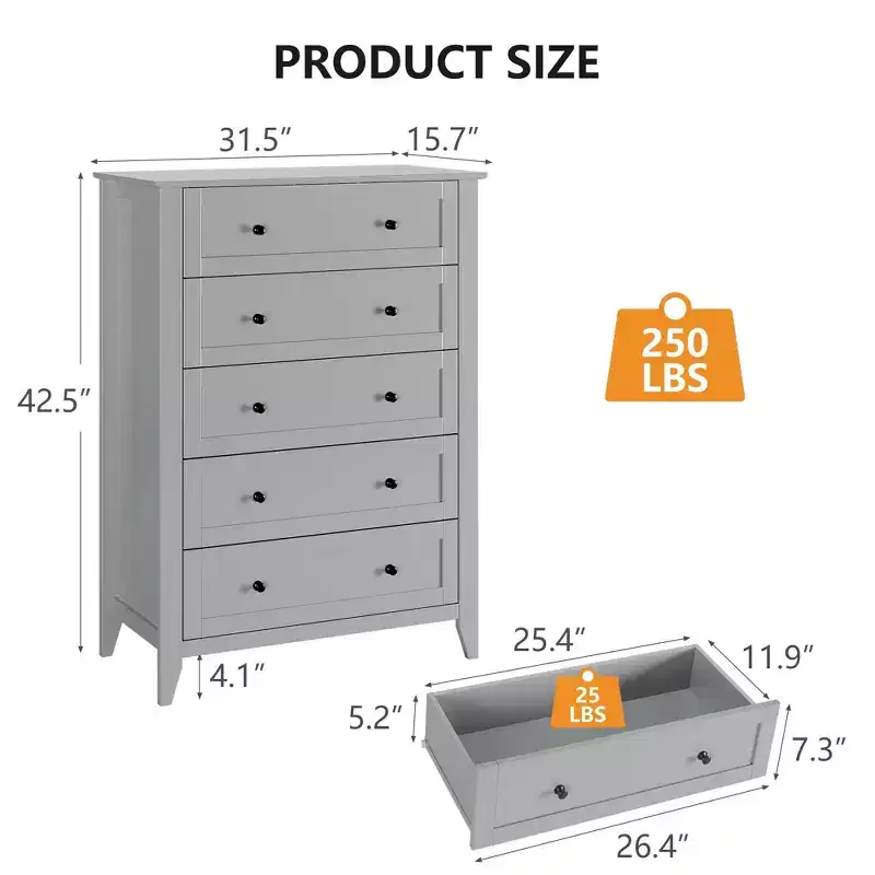 GustoWave 5 Chest of Drawer Dresser, Wood Storage Organizer with Drawers for Bedroom, Living Room, Entryway, Grey