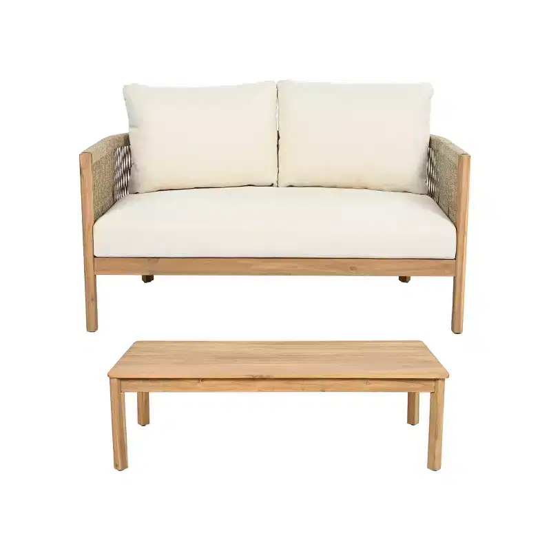 Christopher Knight Home Gilda Patio Rope Weaving Acacia Wood Loveseat and Coffee Table Seating Set
