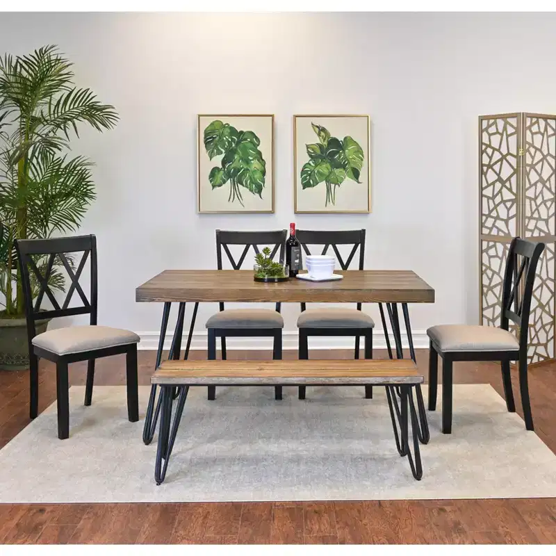 Roundhill Furniture Arroyo Dining Set, Hairpin Dining Table with 4 Cross-back Chairs and Bench, Rich Black, 6-Piece