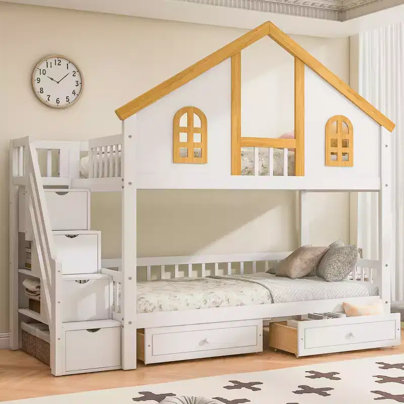 Kids House Bunk Bed Twin/Full – Loft Bed with Trundle, Storage Drawers & Staircase