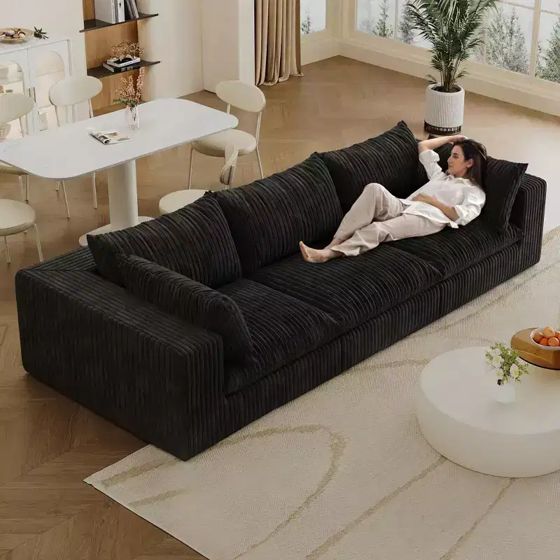 118.2 Blue Corduroy Fabric Deep Seat Couches Cloud Sofa for Living room Double-layer design Removable Cushion No Assembly