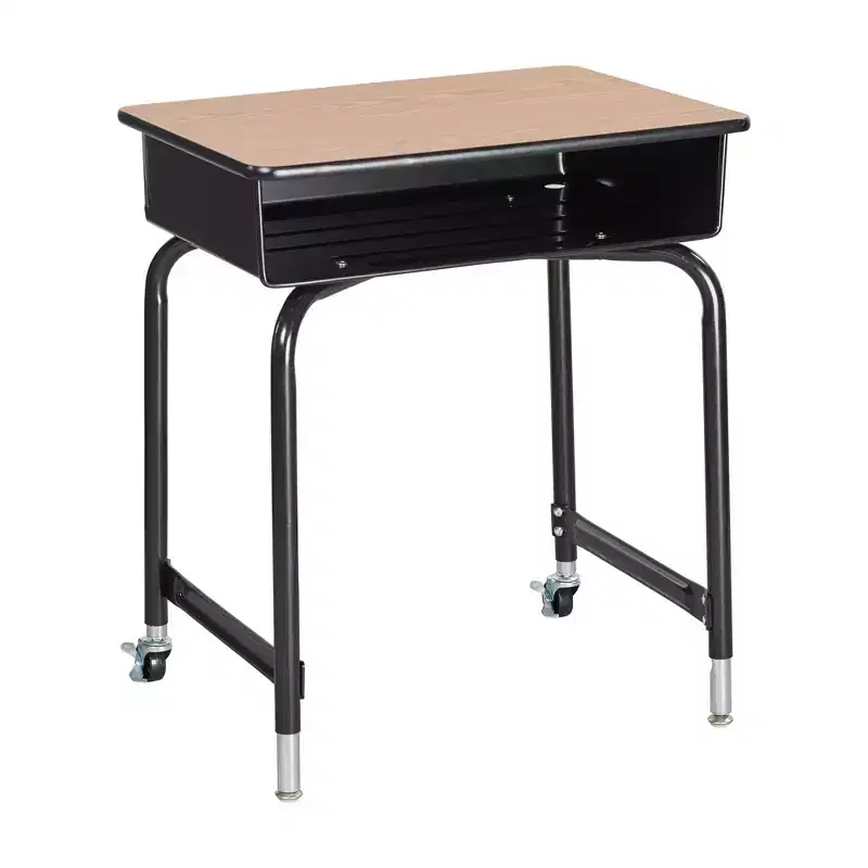 ECR4Kids Mobile Open Front Desk with Metal Storage Book Box, Classroom Furniture, Oak