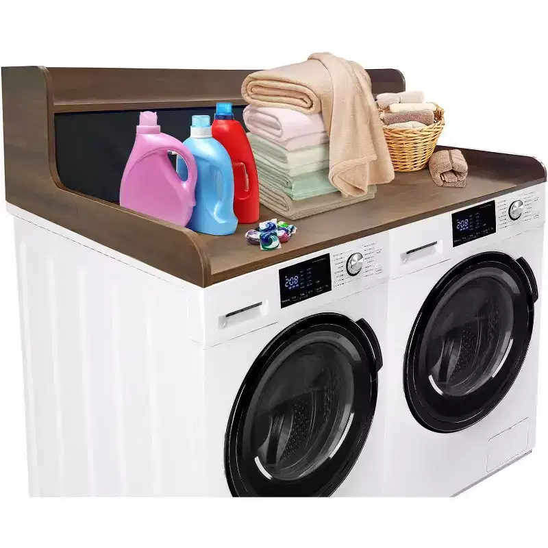 2 Tier Washer Dryer Countertop with 2 Drawers, Wood Laundry Countertop with 2.75 Washer Dryer Cover Anti-Slip Pads for Laundry Storage, Brown