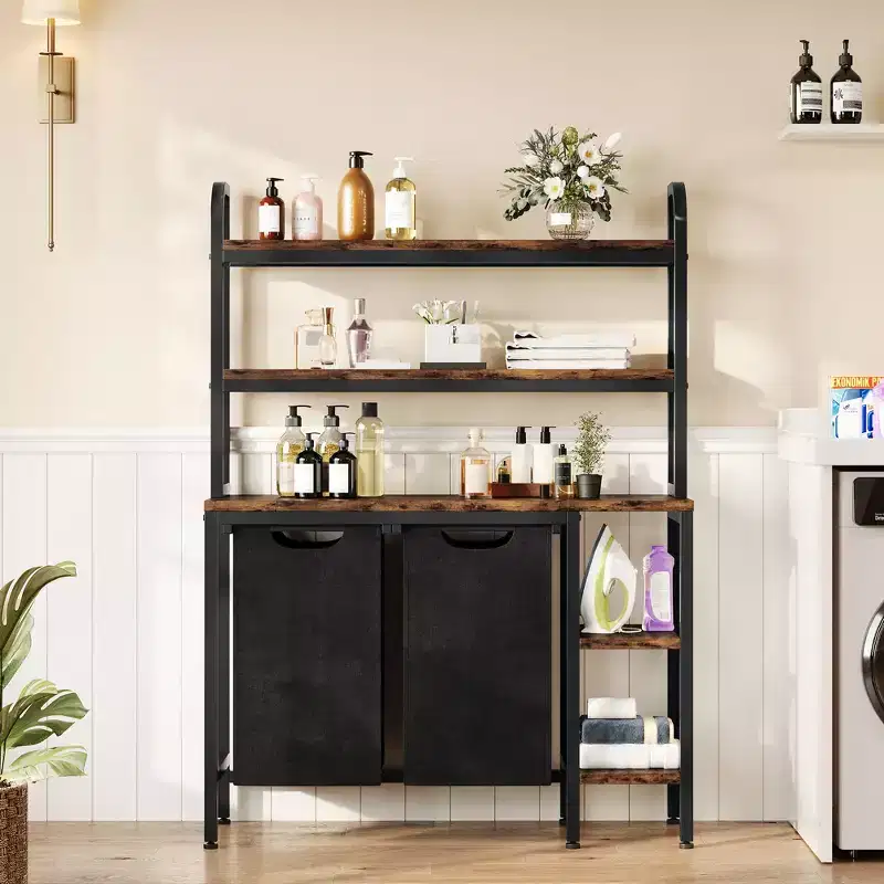 Metal Laundry Sorter with 2 Pull-Out Bags & Storage Shelves