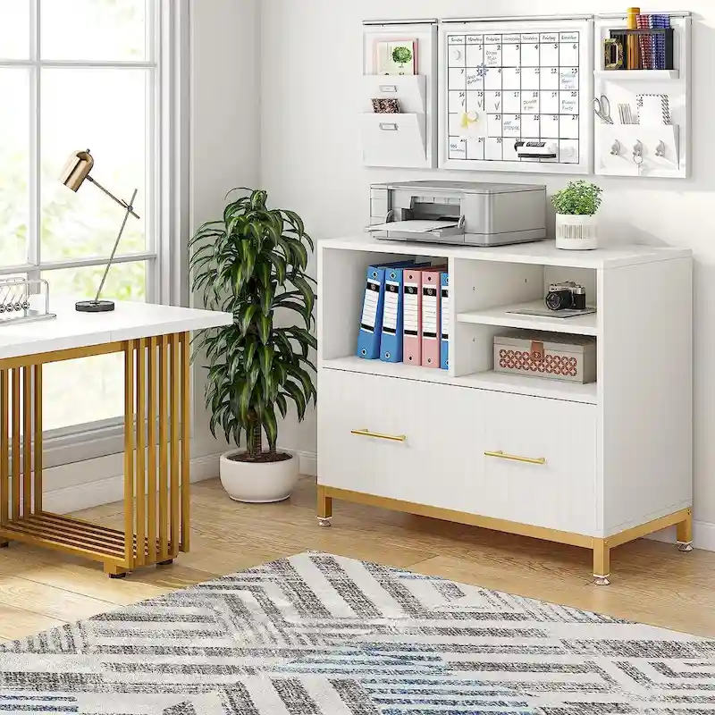 Lateral File Cabinet with Drawer, White Filing Cabinet for A4/Letter