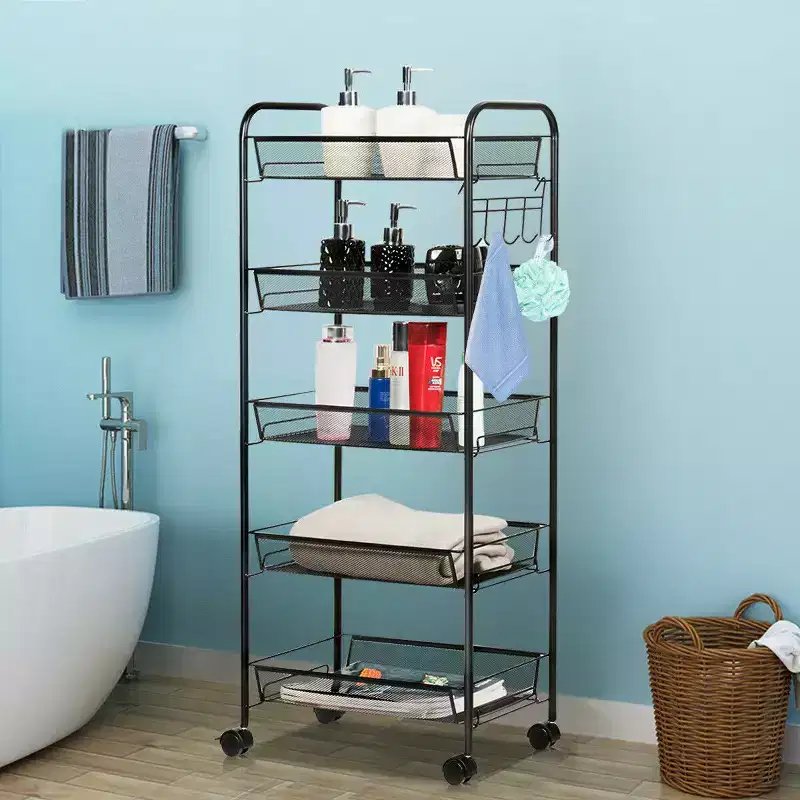5-Tier Rolling Storage Rack Trolley Cart with Mesh Baskets, Black
