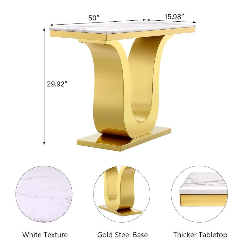 50 inch Luxury Console Table Rectangle Living Room White Sofa Entryway Table with Stainless Steel U Base