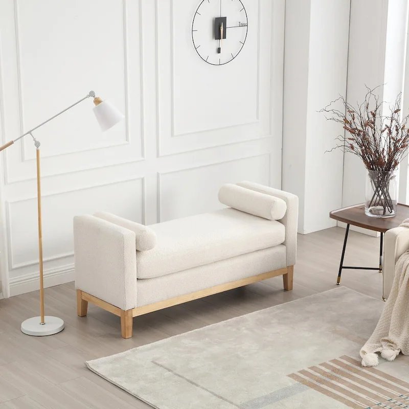 Elegant 53.5 Upholstered Ottoman Bench with Wood Legs & Bolster Pillows