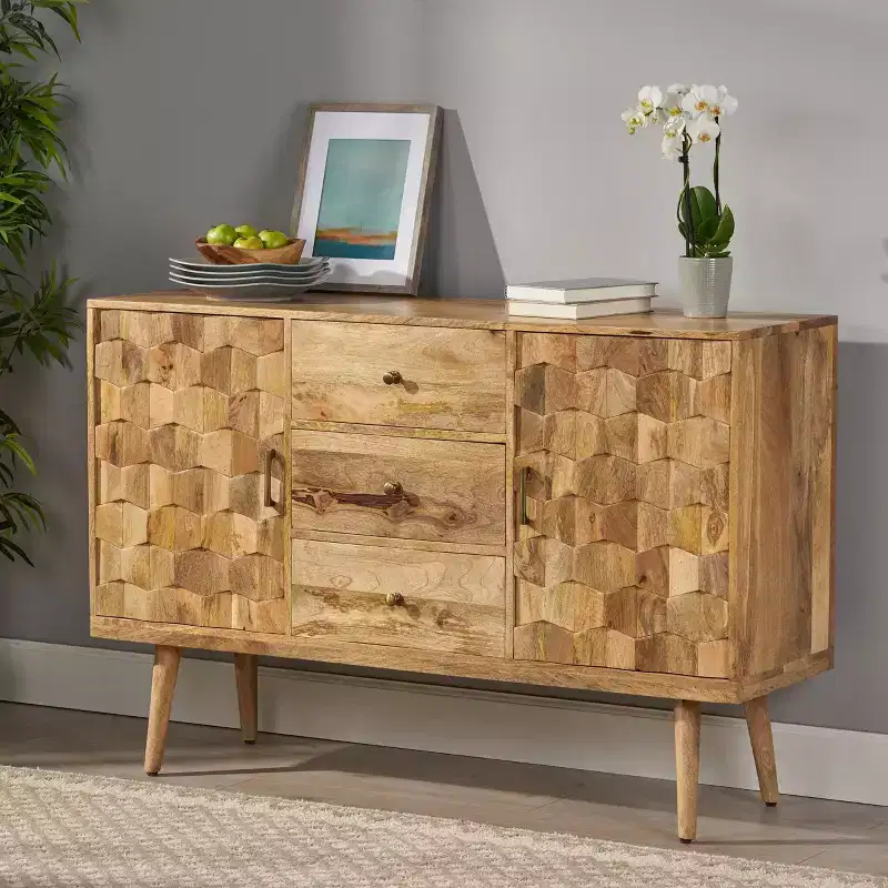 Boho Handmade Mango Wood Sideboard with Storage, Natural
