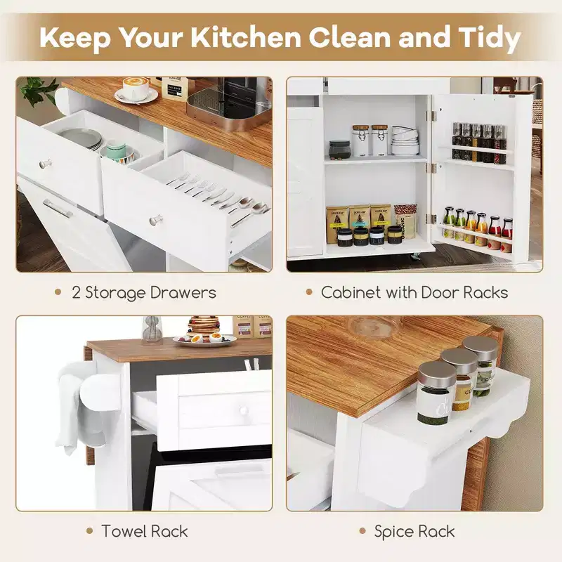 Costway Rolling Kitchen Island Kitchen Island Cart with Drop Leaf Trash Can Cabinet Black/White