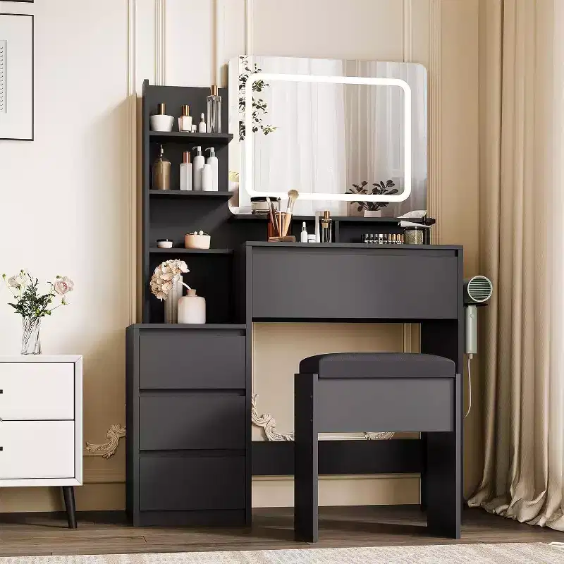 Modern Vanity Desk with LED Mirror & Adjustable Lighting, 36-Inch Makeup Table with 4 Drawers, Storage Shelves, Power Outlet, USB Ports,for Bedroom