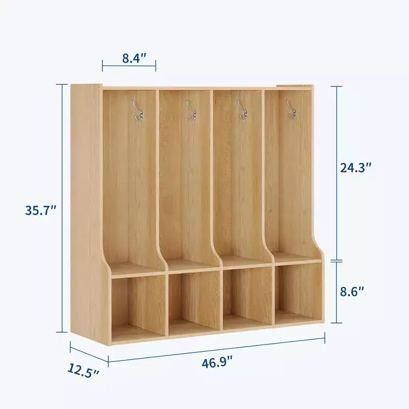 Brown/White | 4-Section Wooden Cubby Locker with 8 Hooks | For 8 Users
