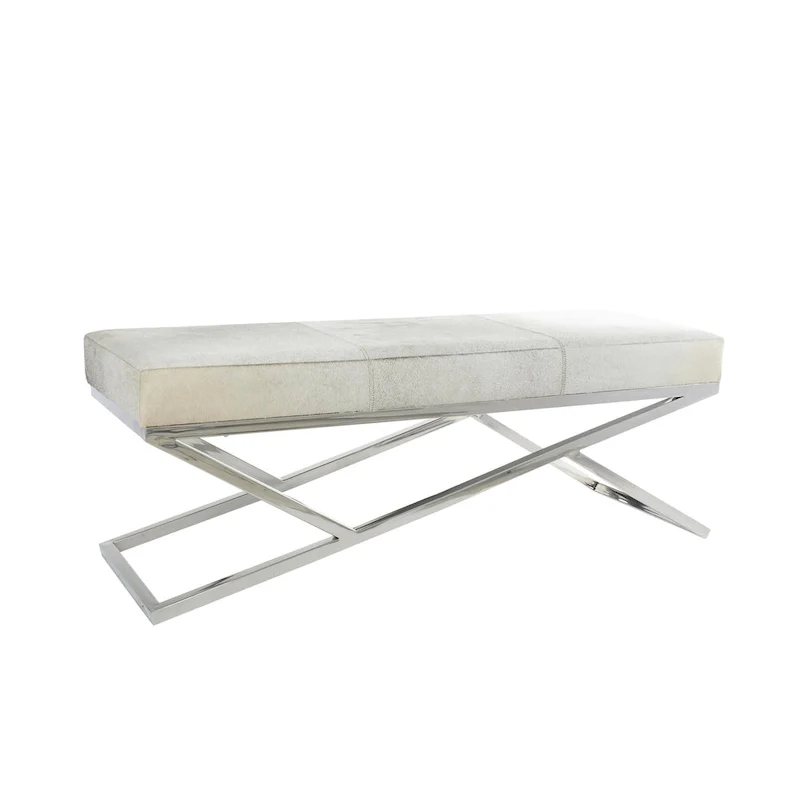 Leather Geometric Home Bench with Angled Silver Metal Base - Light Grey