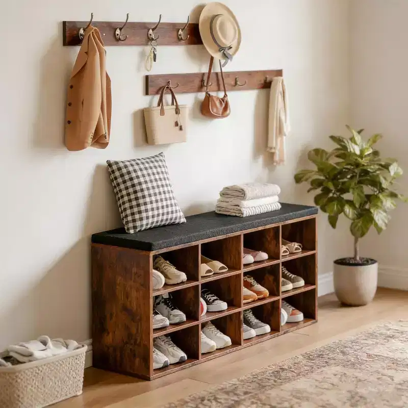 ACOINEL Shoe Storage Bench with Cushion, 39.4L Entryway Bench 12 Cubbies, Hall Tree & Coat Rack, 330 LB Capacity