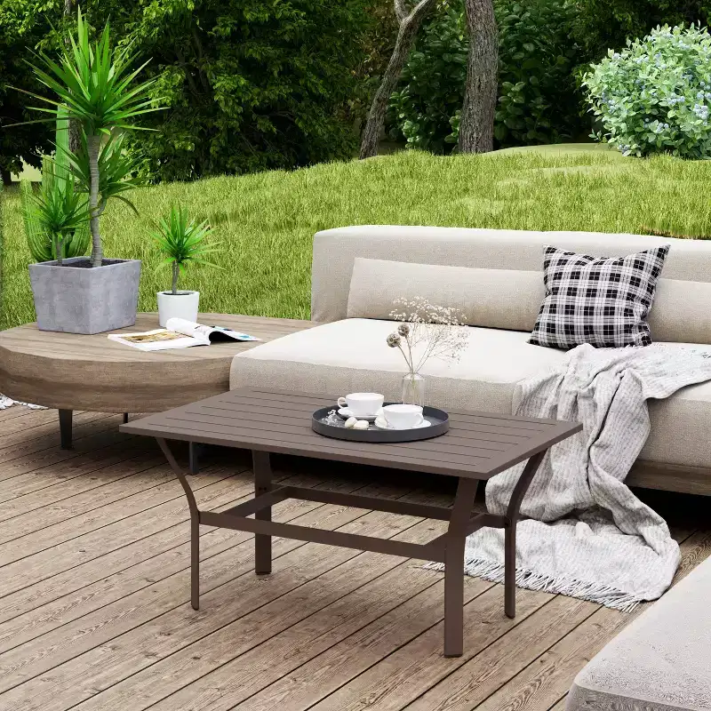 Outdoor Coffee Table with Slatted Tabletop, All-Weather Rectangle Metal Patio Coffee Table for Garden