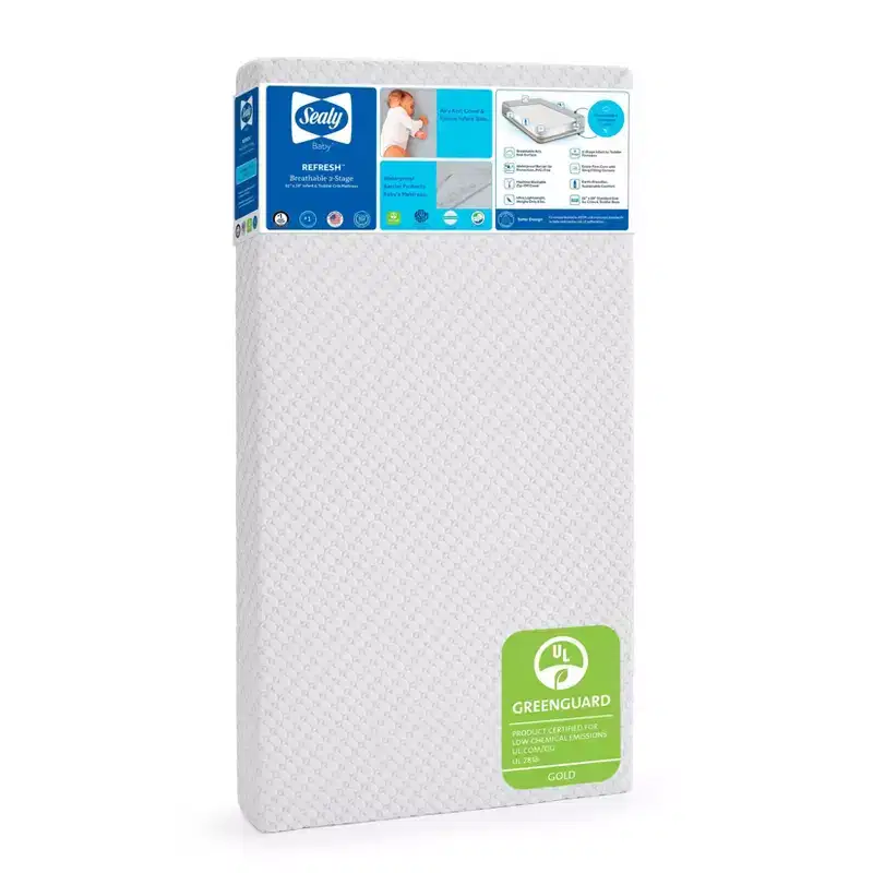 Sealy Refresh Breathable Knit Crib 6 Foam Mattress - White: Firm Side/Soft Side, Hypoallergenic, Waterproof Cover
