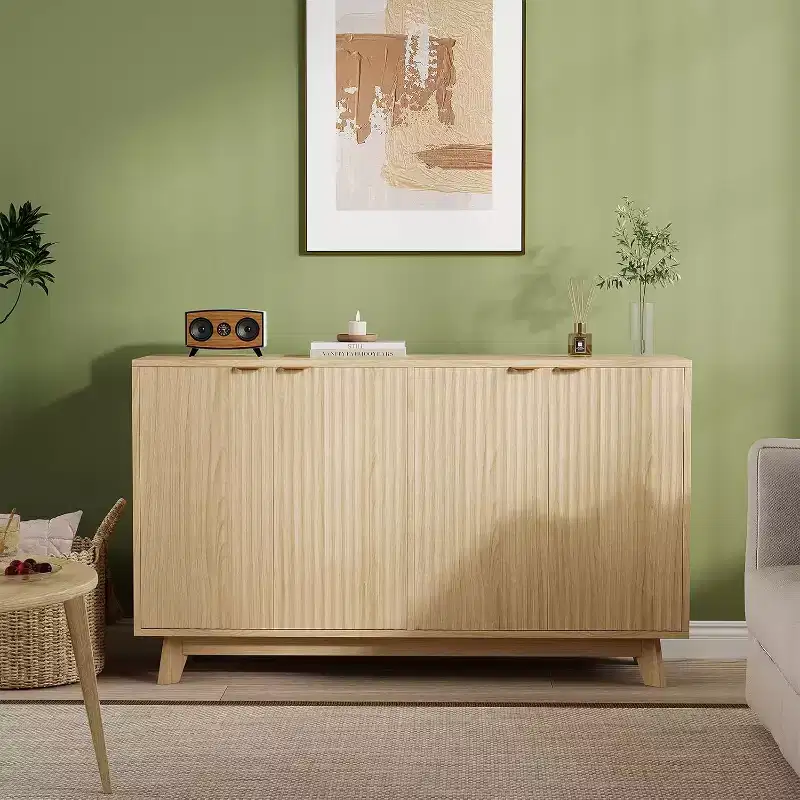 Sideboard Buffet Cabinet with Storage, Modern Fluted Accent Credenza with Doors & Adjustable Shelves, 55.1 in Wood Coffee Bar Console Table