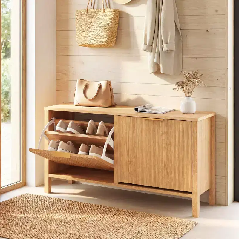 Costway Shoe Storage Bench Narrow Wooden Entryway Bench w/ 2 Flip Drawers for Hallway