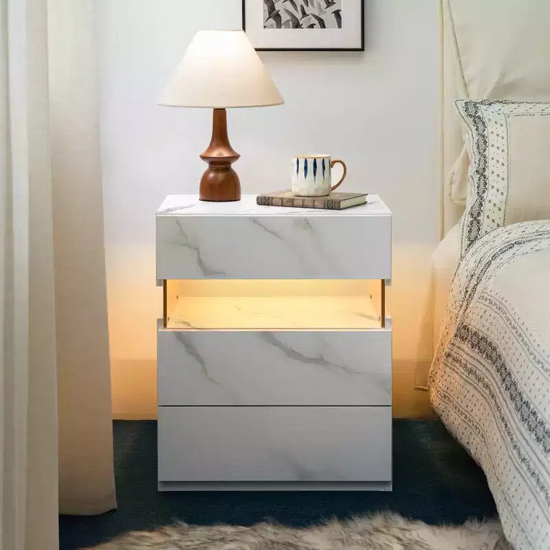 MAYEERTY Nightstand with 3 Drawer Dresser for Bedroom Bedside Table for Living Room White Stone