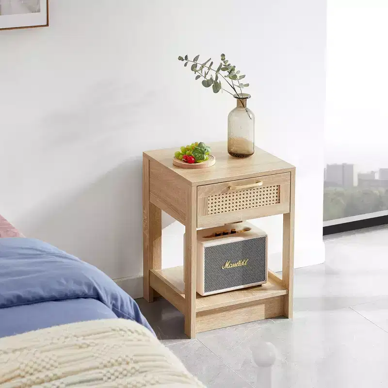 MAYEERTY Rattan End Table with Drawer, Modern Nightstand, Side Table for Living Room, Bedroom, Natural