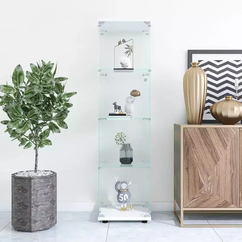 MAYEERTY Glass Display Cabinet 4 Shelves with Door Floor Standing Curio 64.7x16.7x14.3 Inches Living Room Bedroom Office White