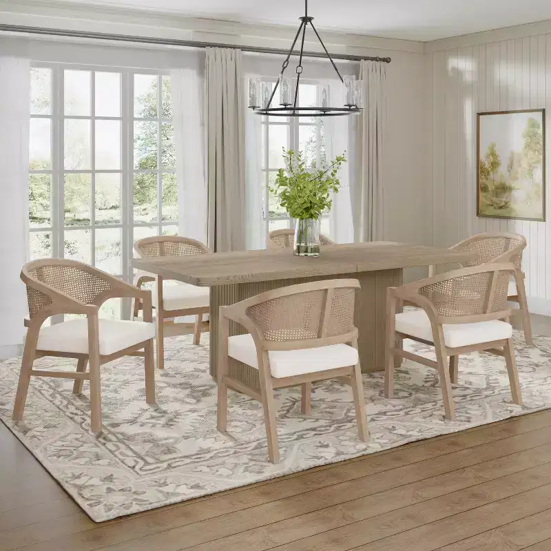Christopher Knight Home Gween Farmhouse 7 Piece Dining Set with Rubberwood Upholstered Rattan Chairs