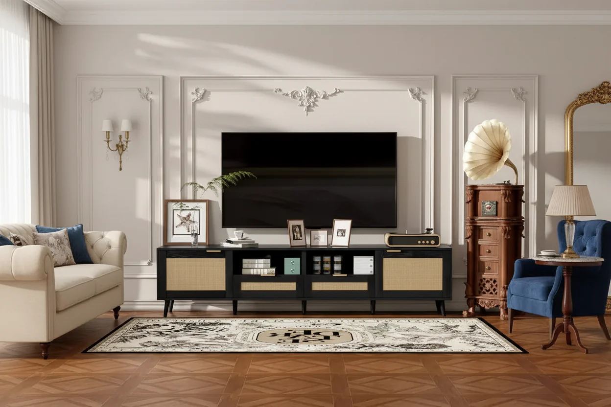 Rattan TV Stand for TVs up to 85'', Modern Farmhouse Media Console, Entertainment Center with Solid Wood Legs, for Living Room