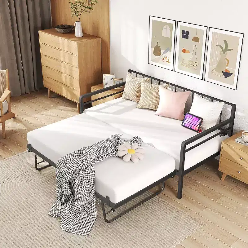 Zevemomo Twin Daybed with Pop Up Trundle,Metal Day Bed Frame LED Lights Day Bed with Trundle Bed Twin,Black Daybed for Living Room,Bedroom