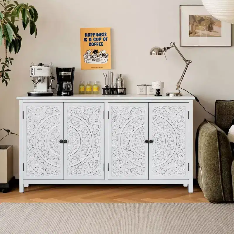 Okak 60in Antique Accent Cabinet, Rustic Wood Sideboard Cabinet with Four Carved Patterns Doors, Storage Cabinet for Kitchen, Dining Room
