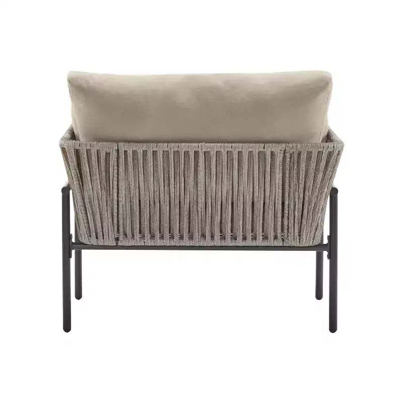 36W Patio Accent Chair Lounge Chair Arm Chair with Cushions, Pillows and Stylish Rope-Weave Design, Iron, Beige+Grey/Natural-ModernLuxe