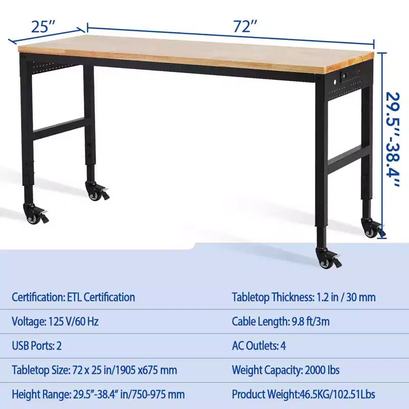COZONY 75 x 25 Adjustable Workbench, 2000 Lbs Heavy-Duty Work Table with Wheels & Power Outlet, Garage Workshop Multi-Purpose Table