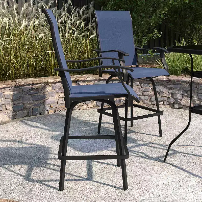 Merrick Lane Set of 2 Brett High Back Bar Height Swivel Patio Stools with Powder Coated Metal Frames and Textilene Upholstery
