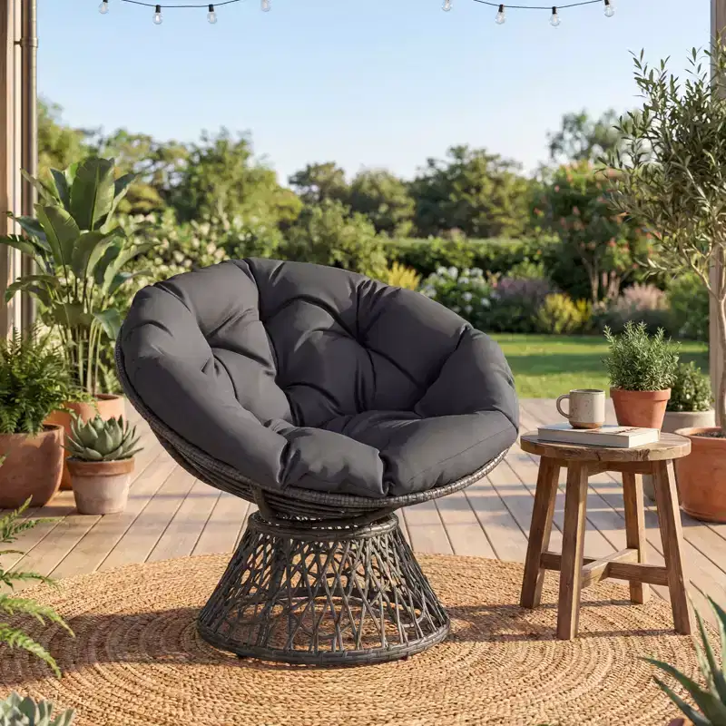 Gymax 360-DegreeSwivel Papasan Chair Round Wicker Lounge Chair w/Thick Cushion&Metal Frame